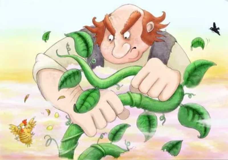 Jack and the bean stalk illustration with giant grabbing stalk.