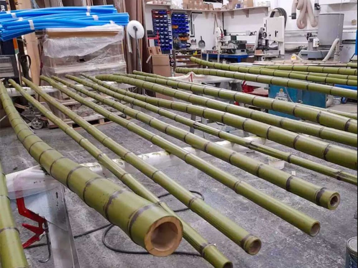 Just a few of the bamboo poles spread out ready for varnish.